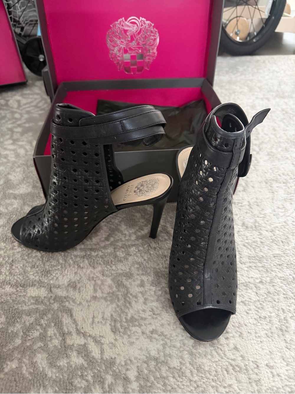 Vince Camuto Black Perforated Peep-Toe Ankle Strap Heels